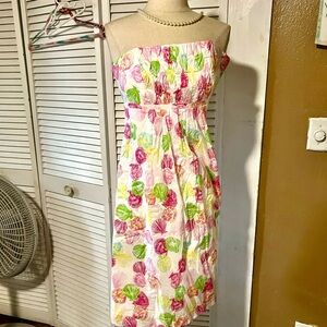 Strapless Tropical Shell Print Sundress - Pink, Green, Yellow